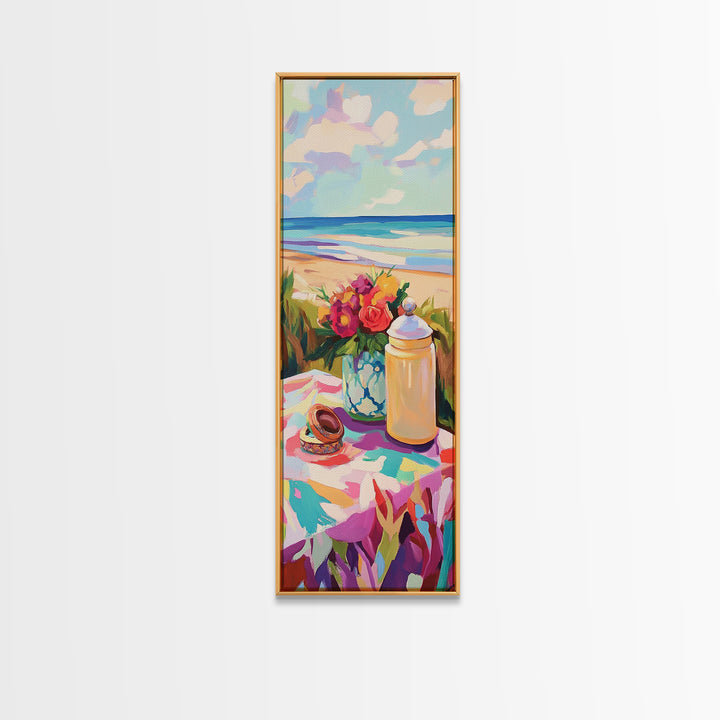 Beach Picnic Flowers And Shells Wall Art, Coastal Canvas Print, Ocean Living Room Decor, Beach House Art Gift For Her Decor