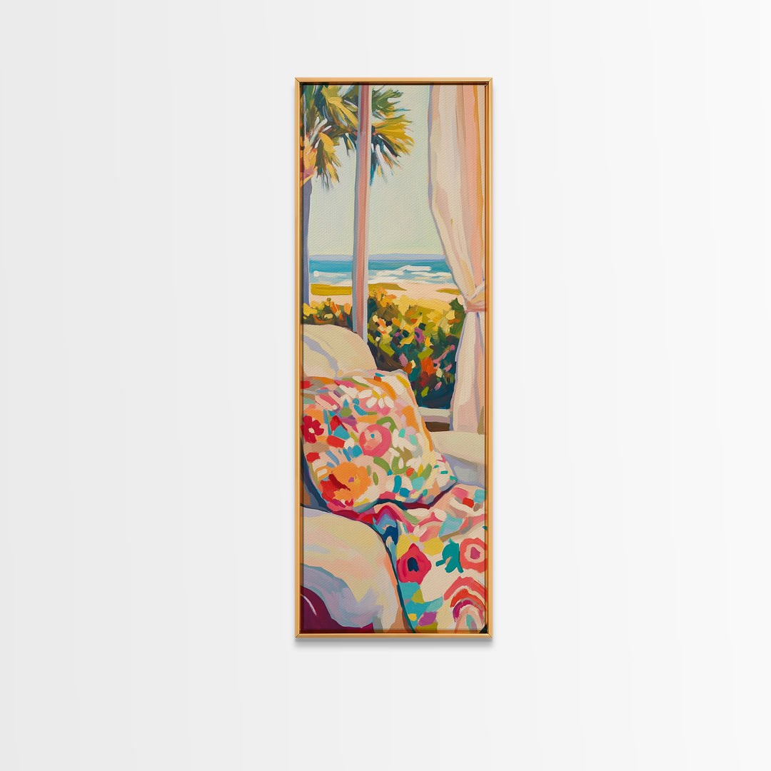 Coastal Bedroom With Ocean View And Floral Pillow, Beach Wall Art For Above Bed Decor, Canvas Print, Summer Home Decor Gift