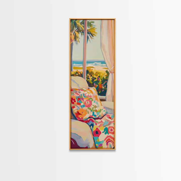 Coastal Bedroom With Ocean View And Floral Pillow, Beach Wall Art For Above Bed Decor, Canvas Print, Summer Home Decor Gift