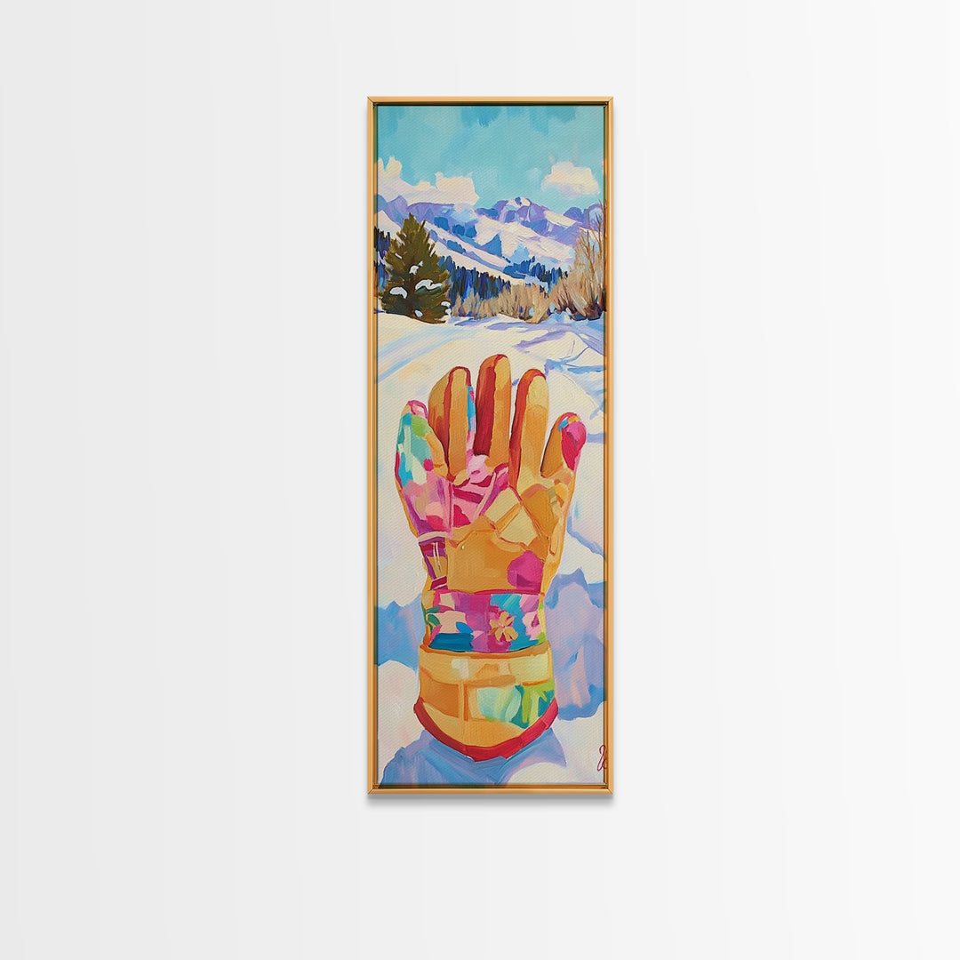 Colorful Winter Mitten In Snowy Mountain Landscape Wall Art, Ski Cabin Decor, Whimsical Kids Room Nursery Canvas Print Gift