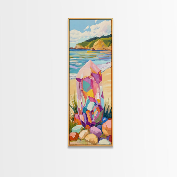 Rainbow Crystal Beach Canvas Print, Coastal Wall Art, Colorful Gemstone Decor, Ocean Landscape Print, Boho Beach House Gift