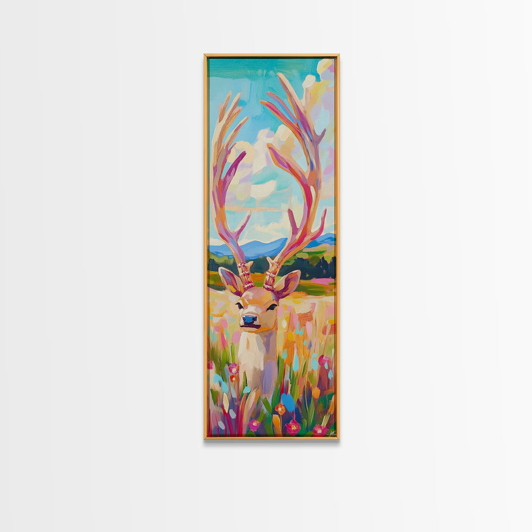 Whimsical Deer With Tall Antlers Canvas Print, Colorful Wildlife Wall Art, Meadow Landscape Decor, Rustic Nursery Gift, Animal Lover Gift