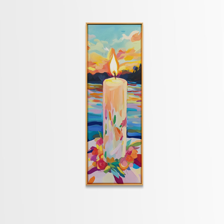 Floral Candle At Sunset Framed Canvas Print, Lake Landscape Wall Art, Cozy Spiritual Decor, Meditation Gift, Calming Print