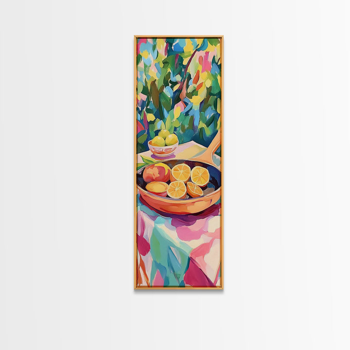 Fresh Citrus Slices In Copper Pan Canvas Print, Kitchen Wall Art, Lemon Decor, Mediterranean Food Art, Bright Dining Room Print