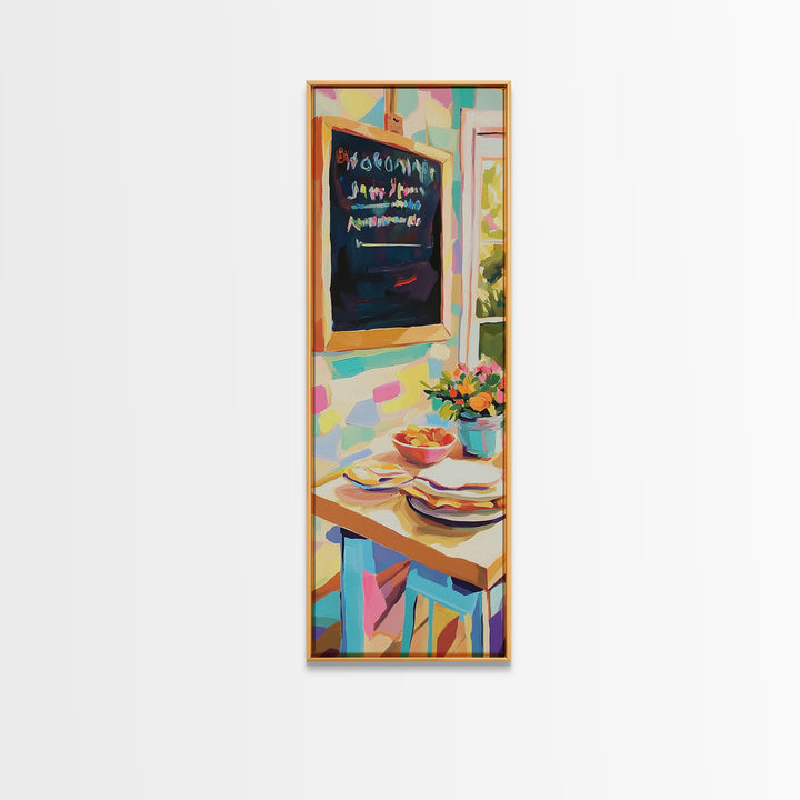 Cheerful Kitchen Table With Chalkboard Menu Wall Art, Breakfast Nook Canvas Print, Colorful Cafe Decor, Dining Room Print