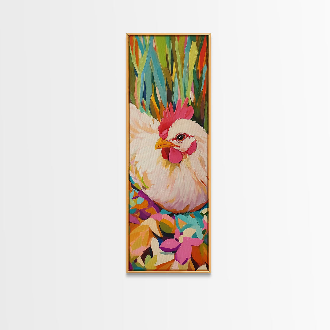 White Hen Among Tropical Leaves Framed Canvas Print, Colorful Animal Wall Art, Farmhouse Kitchen Decor, Whimsical Art Print