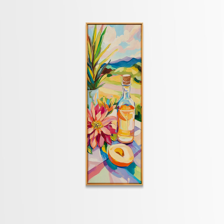 Sunlit Bottle With Flower And Citrus Framed Canvas Print, Mediterranean Kitchen Wall Art, Italian Decor, Landscape Art Print