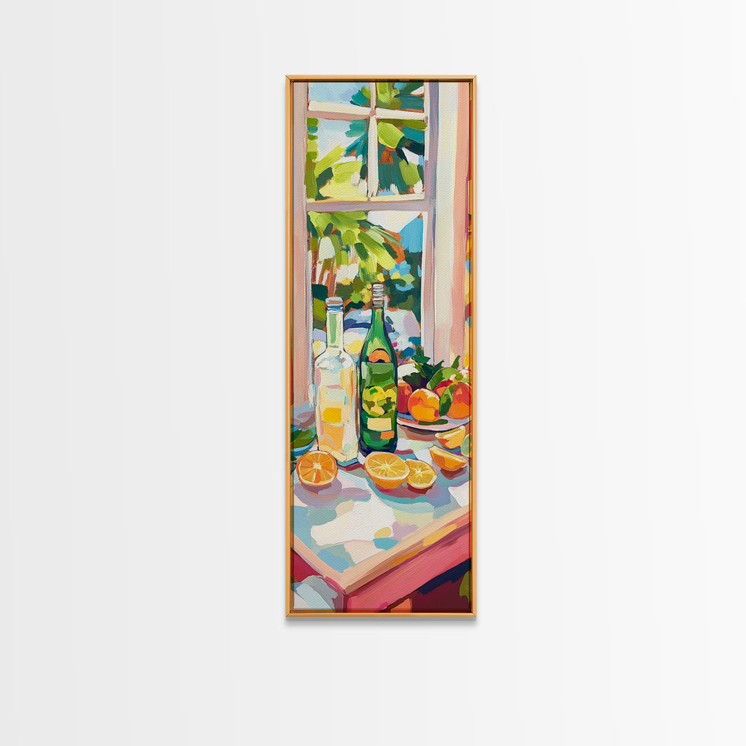 Sunny Window Bottles And Lemons Framed Canvas Print, Kitchen Wall Art, Citrus Wall Decor, Dining Room Prints, Home Decor