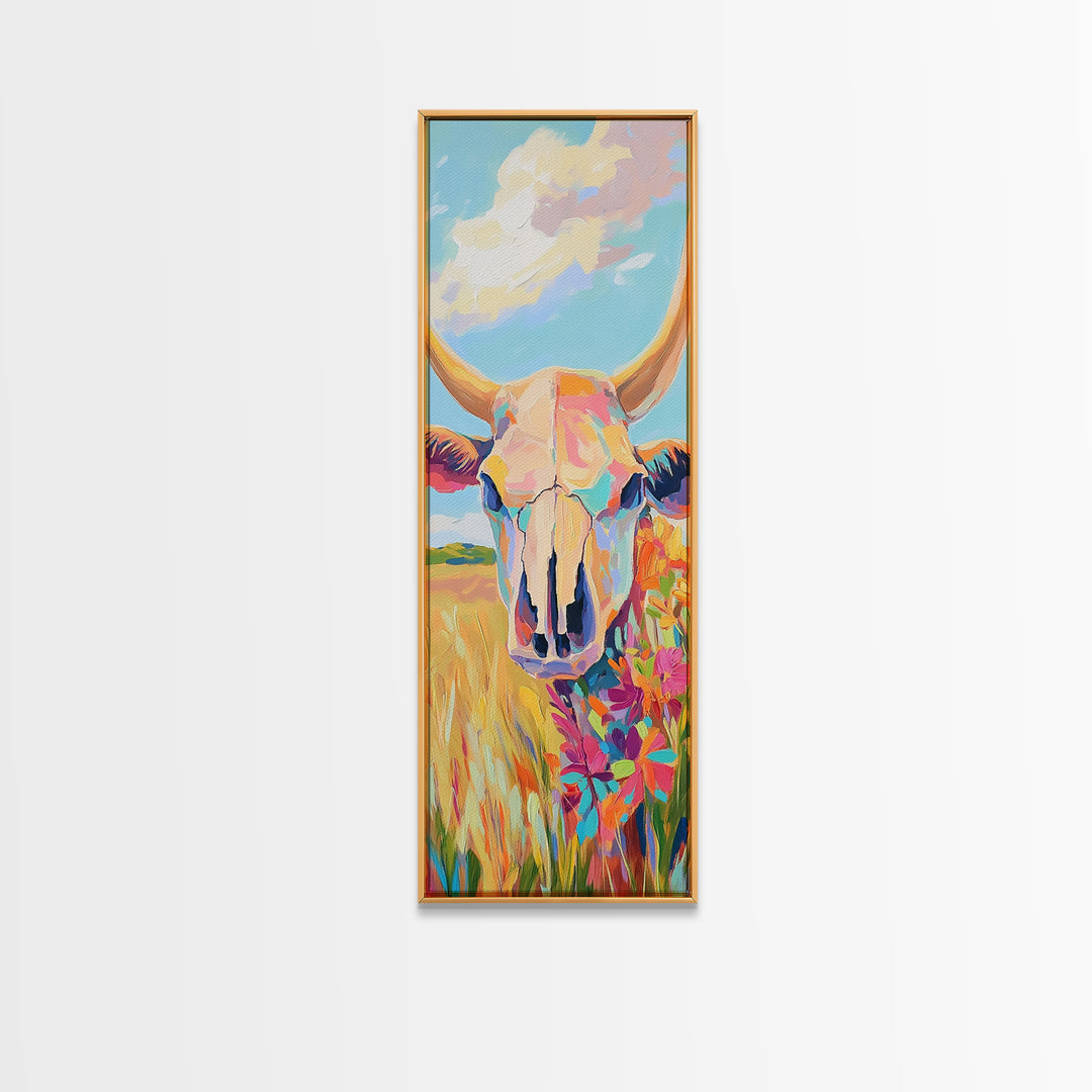 Pastel Cow Skull With Wildflowers Wall Art, Western Decor, Southwestern Canvas Print, Rustic Ranch Housewarming Gift For Her