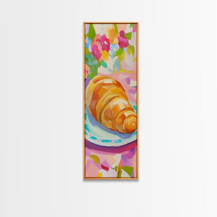 Golden Croissant On Floral Plate Canvas Print, French Bakery Wall Art, Modern Kitchen Decor, Patisserie Print, Food Lover Gift