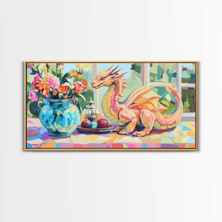 Whimsical Pink Dragon With Flowers Framed Canvas Print, Fantasy Wall Art, Nursery Decor, Girls Room Art, Unique Gift For Her