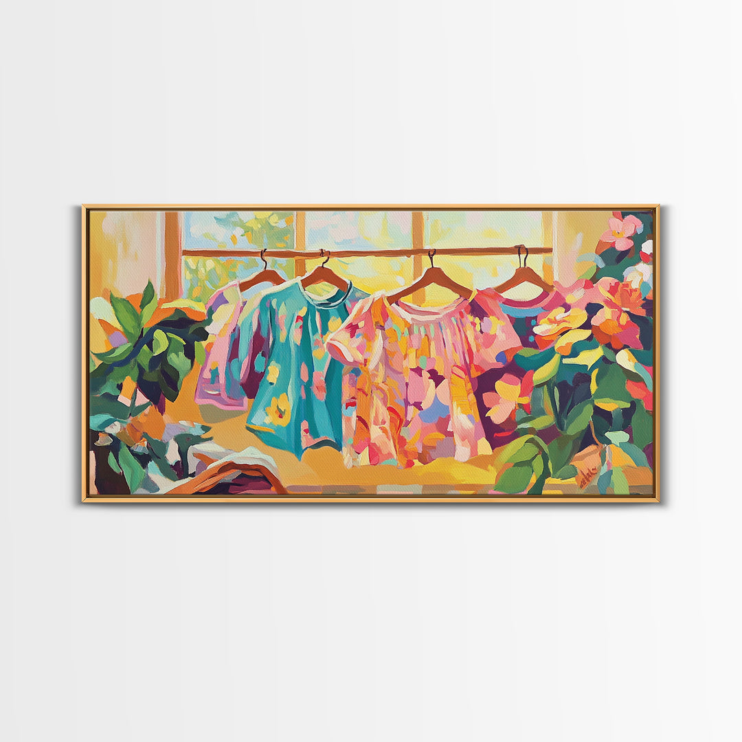 Bright Floral Dresses Hanging By Window Canvas Print, Fashion Wall Art, Feminine Wall Decor, Boutique Decor, Gift For Her