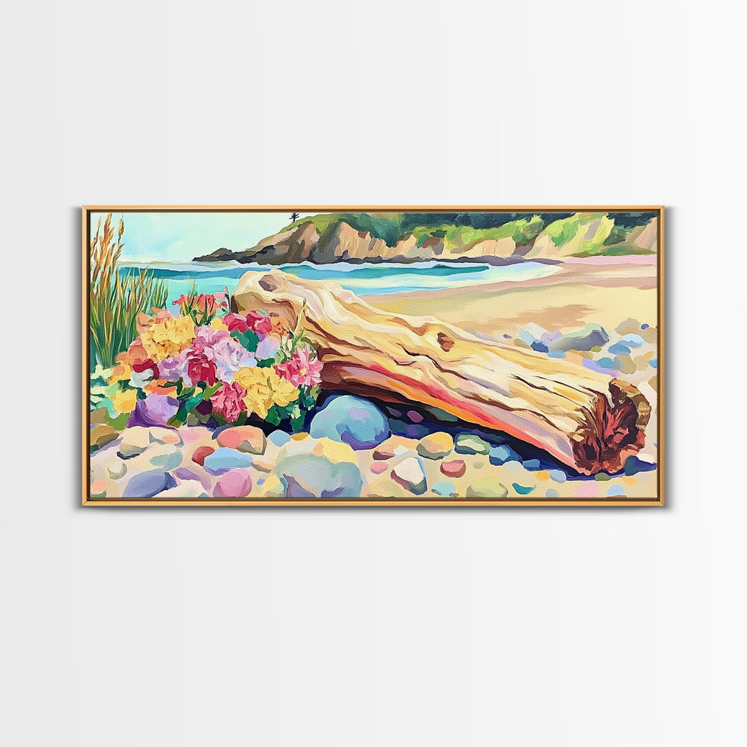 Driftwood Log And Wildflowers On Beach Framed Canvas Print, Coastal Wall Art, Seascape Art, Beach House Decor, Ocean Print