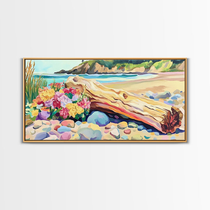 Driftwood Log And Wildflowers On Beach Framed Canvas Print, Coastal Wall Art, Seascape Art, Beach House Decor, Ocean Print