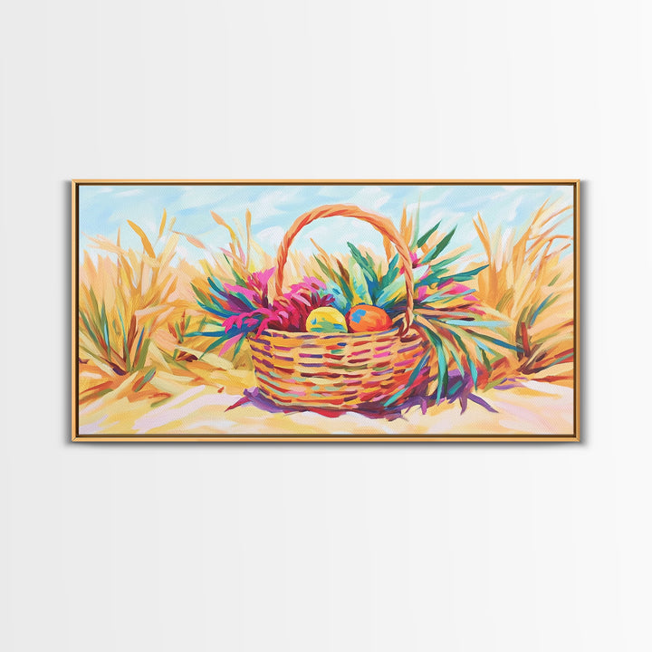 Beach Basket With Tropical Leaves Wall Art, Coastal Canvas Print, Summer Beach House Decor, Colorful Fruit Still Life Gift