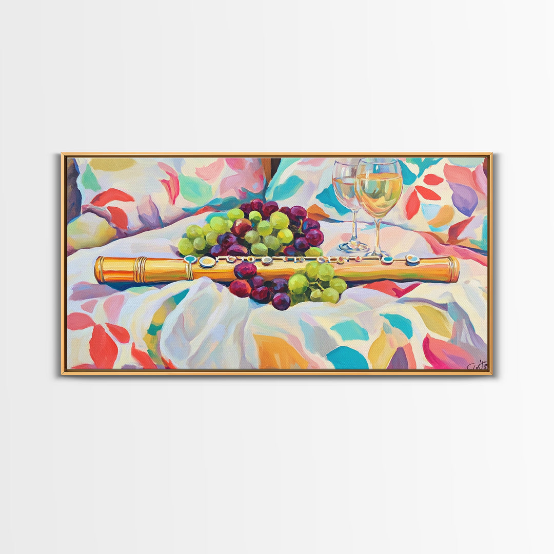 Golden Flute With Wine And Grapes Framed Canvas Print, Music Room Art, Winery Wall Art, Still Life, Dining Room Decor, Gift For Music Lover