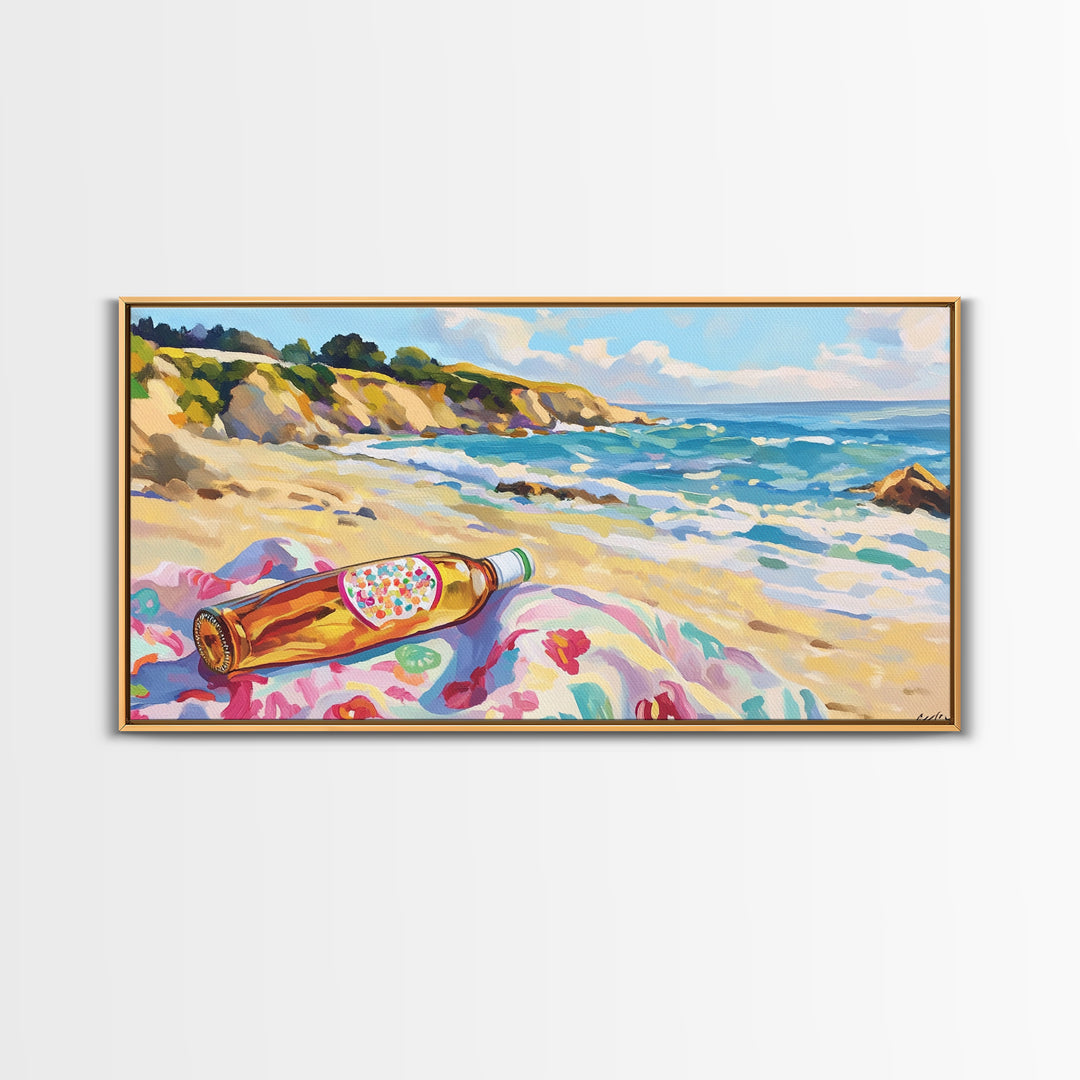 Beach Bottle On Towel Coastal Beach Canvas Print, Ocean Wall Art, Beach House Decor, Nautical Wall Decor, Summer Gift For Her