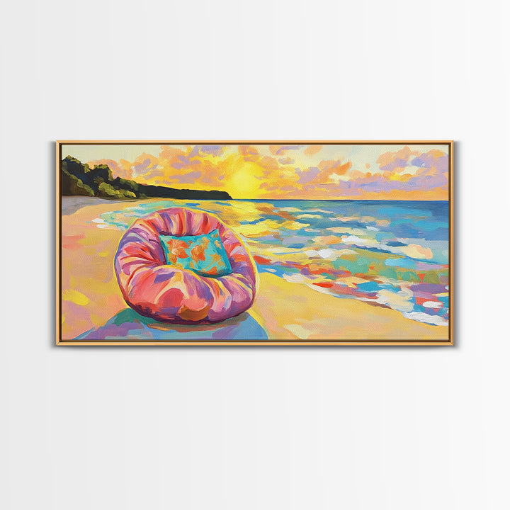 Sunset Beach Chair And Ocean Waves Wall Art, Coastal Canvas Print, Beach House Decor, Tropical Home Decor, Summer Wall Art