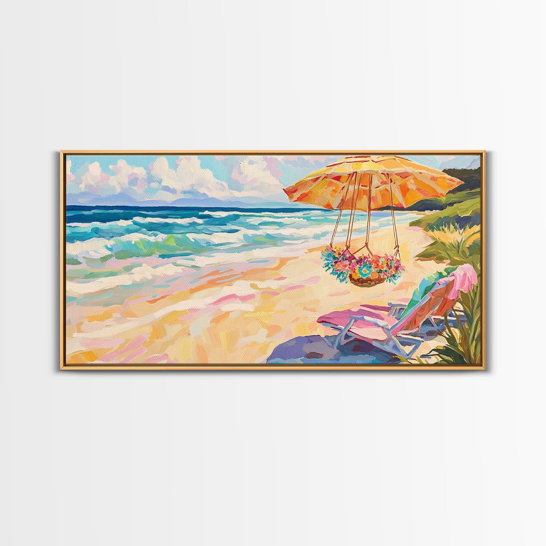 Sunny Beach Umbrella And Chair Framed Canvas Print, Coastal Wall Art, Ocean Decor, Beach House Living Room Art Gift, Summer Seascape