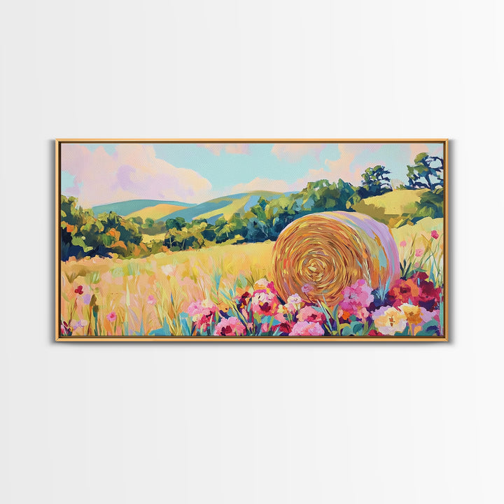 Golden Hay Bale Wildflower Meadow Canvas Print, Country Landscape Wall Art, Farmhouse Decor, Rustic Living Room Art Gift