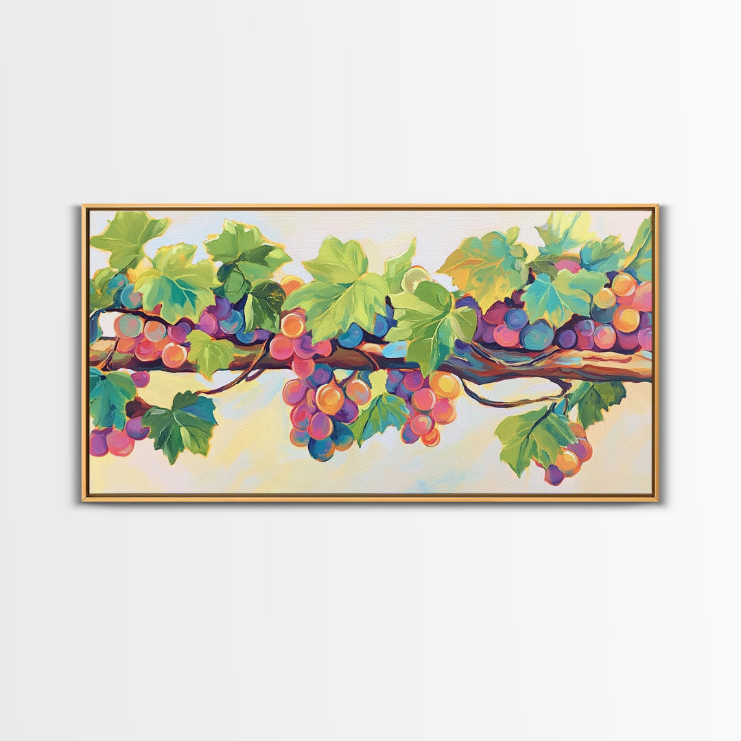 Sunlit Grapes And Green Vine Wall Art, Vineyard Canvas Print, Colorful Kitchen Decor, Rustic Farmhouse Dining Room Prints