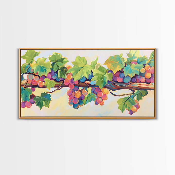 Sunlit Grapes And Green Vine Wall Art, Vineyard Canvas Print, Colorful Kitchen Decor, Rustic Farmhouse Dining Room Prints