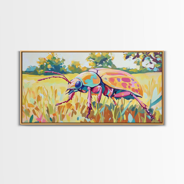 Iridescent Beetle In Golden Meadow Framed Canvas Print, Colorful Insect Wall Art, Nature Inspired Decor, Nature Lover Gift