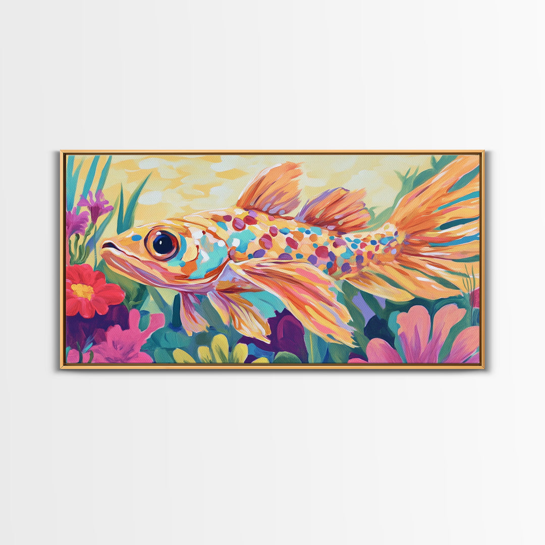 Colorful Goldfish Swimming Through Flowers Canvas Print, Whimsical Animal Wall Art, Ocean Nursery Decor, Bright Bathroom Art