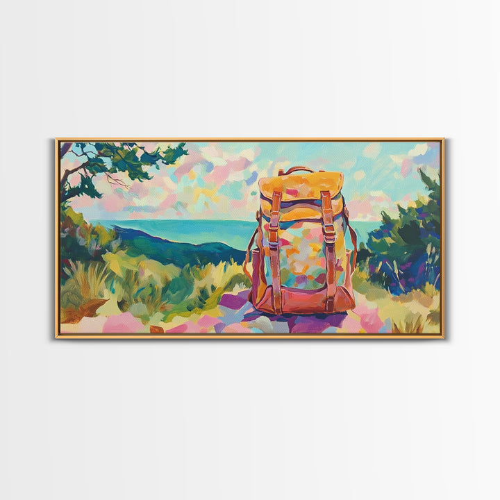 Floral Backpack Coastal Landscape Wall Art, Travel Inspired Art Print, Hiking Gift, Beach House Decor, Modern Nature Wall Decor