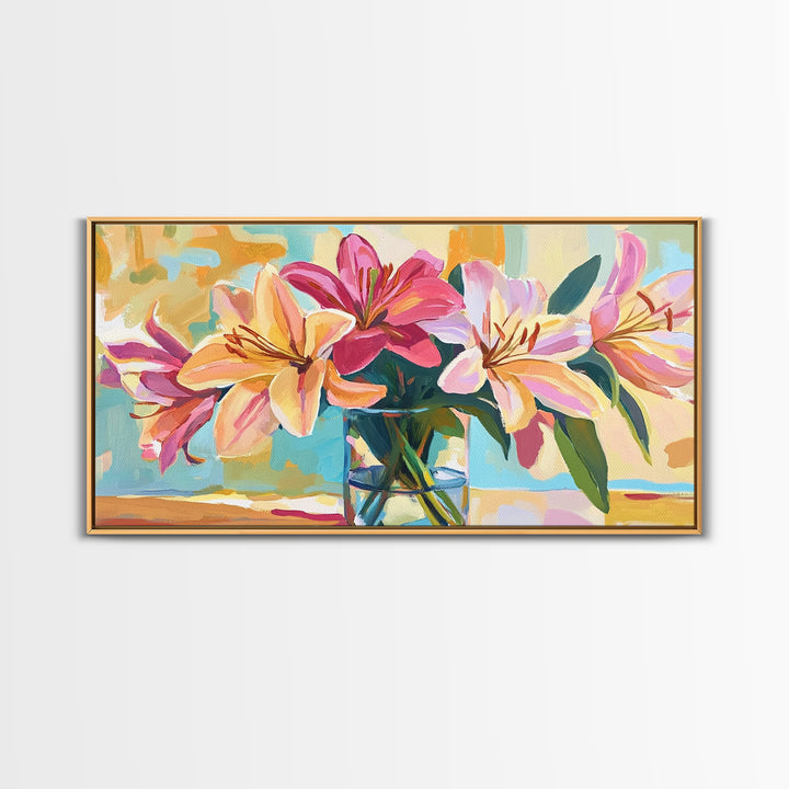Pink Lilies In Glass Vase Framed Canvas Print, Floral Wall Art, Botanical Decor, Feminine Living Room Wall Decor, Gift For Her
