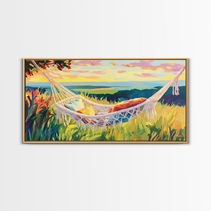White Hammock By Coastal Meadow Wall Art, Beach House Decor, Relaxing Art Print, Summer Landscape, Above Bed Decor, Living Room Wall Decor