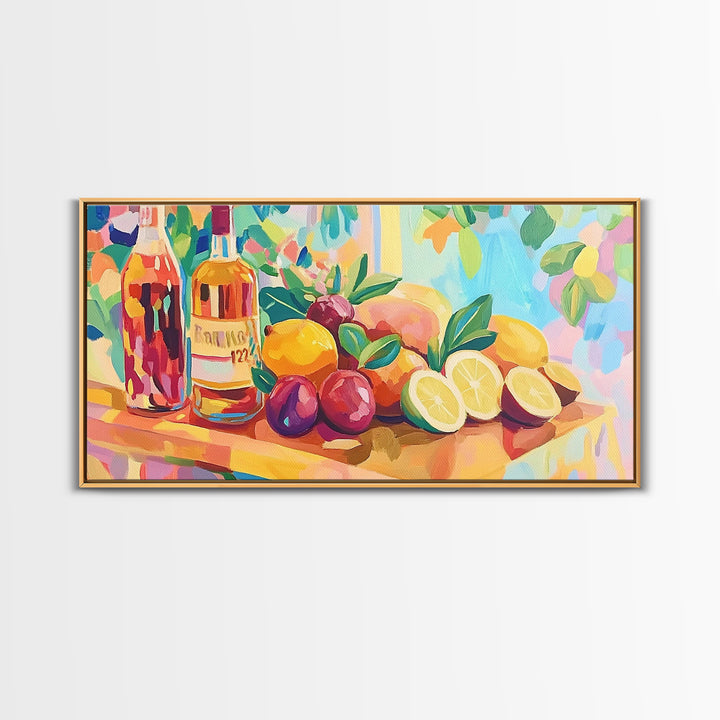 Colorful Citrus And Wine Still Life Canvas Print, Bright Kitchen Wall Art, Fruit Art Print, Dining Room Decor, Housewarming Gift