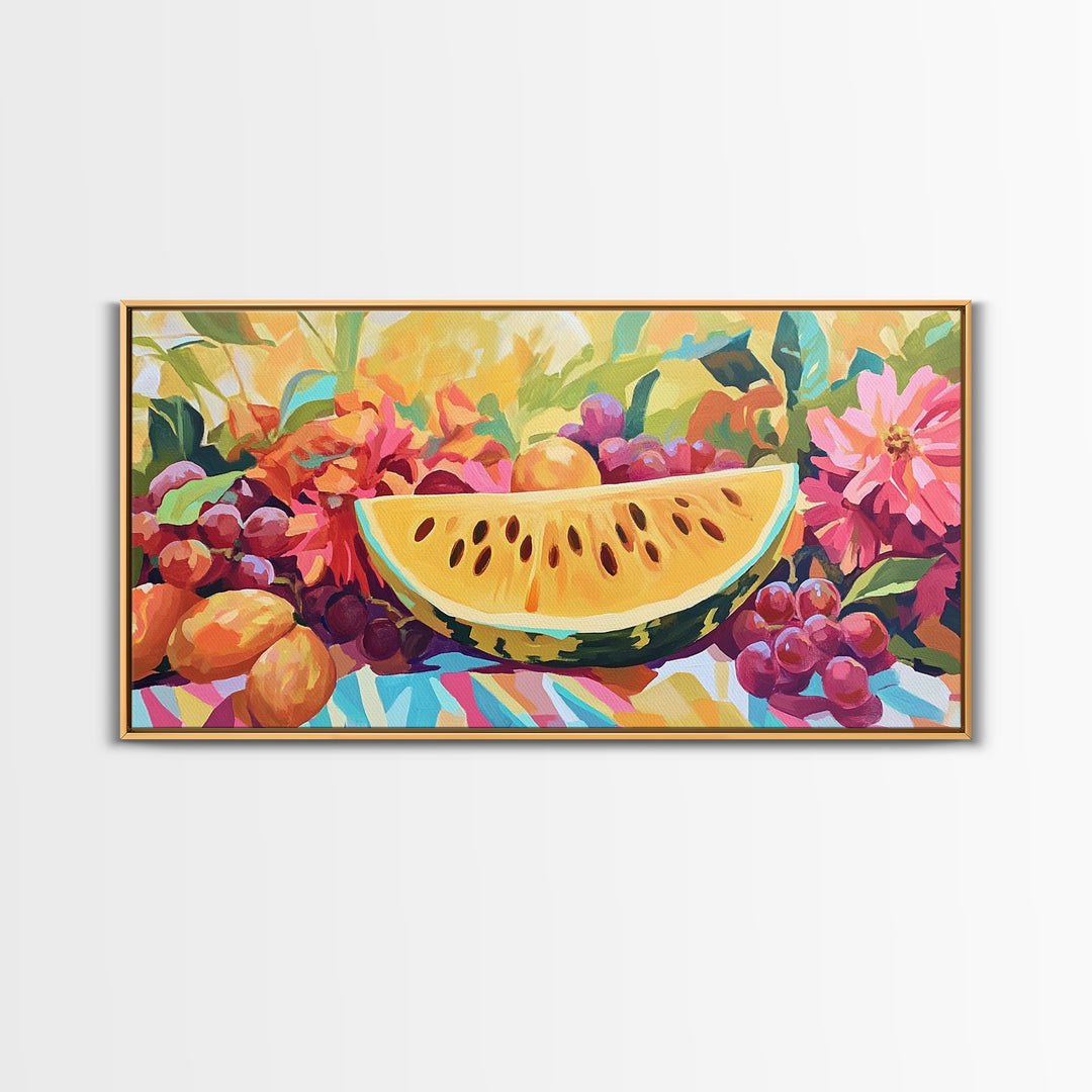 Sunny Watermelon And Summer Fruit Canvas Print, Colorful Kitchen Wall Art, Fruit Still Life, Dining Room Home Decor Gift