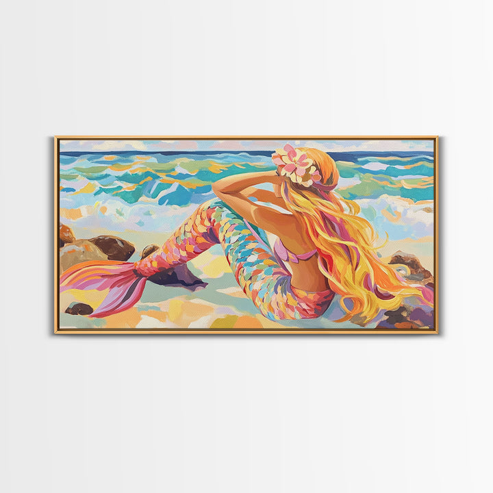 Blonde Mermaid On Sunny Beach Canvas Print, Fantasy Wall Art, Coastal Ocean Decor, Whimsical Nursery Or Bathroom Decor Gift