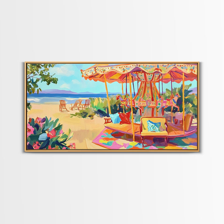 Beachside Carousel With Ocean Chairs Framed Canvas Print, Coastal Wall Art, Summer Beach Decor, Colorful Living Room Art