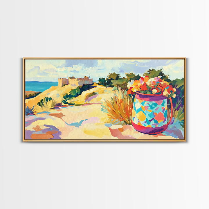 Seaside Dunes Castle And Mosaic Flower Pot Canvas Print, Coastal Wall Art, Beach House Decor, Summer Landscape Art Print