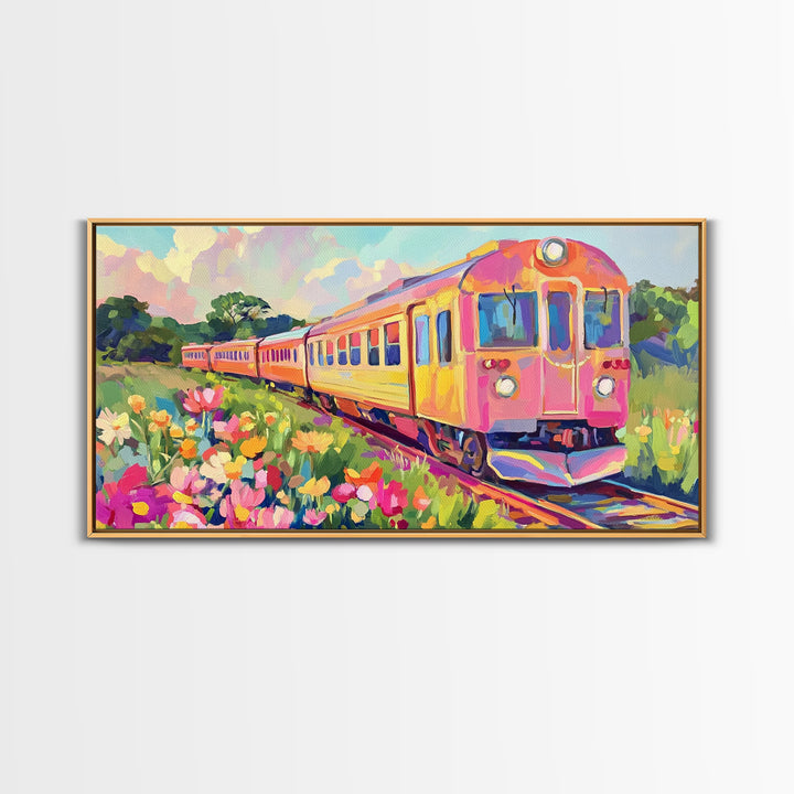 Pink Yellow Train Through Wildflower Meadow Framed Canvas Print, Colorful Wall Art, Travel Decor, Modern Landscape Art Print