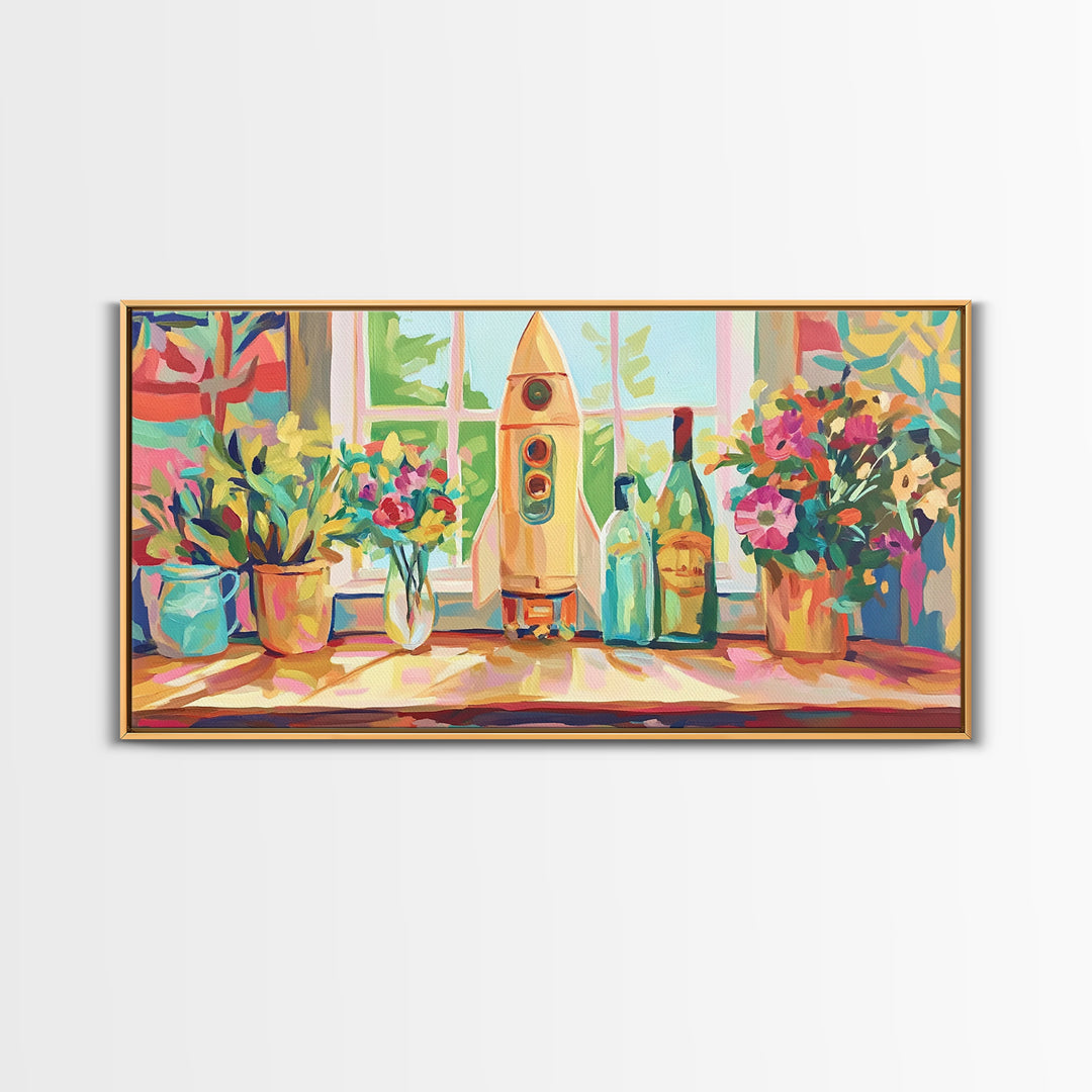 Retro Rocket On Sunny Windowsill With Plants Canvas Print, Space Wall Art, Kids Room Decor, Colorful Nursery Art Print Gift