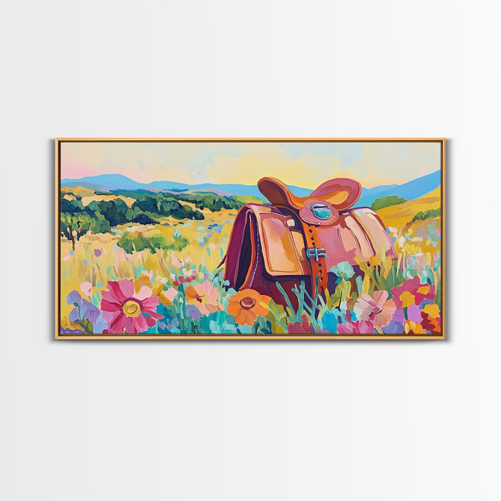 Western Saddle In Wildflower Meadow Wall Art, Cowgirl Canvas Print, Colorful Landscape Art, Rustic Ranch Home Decor Gift