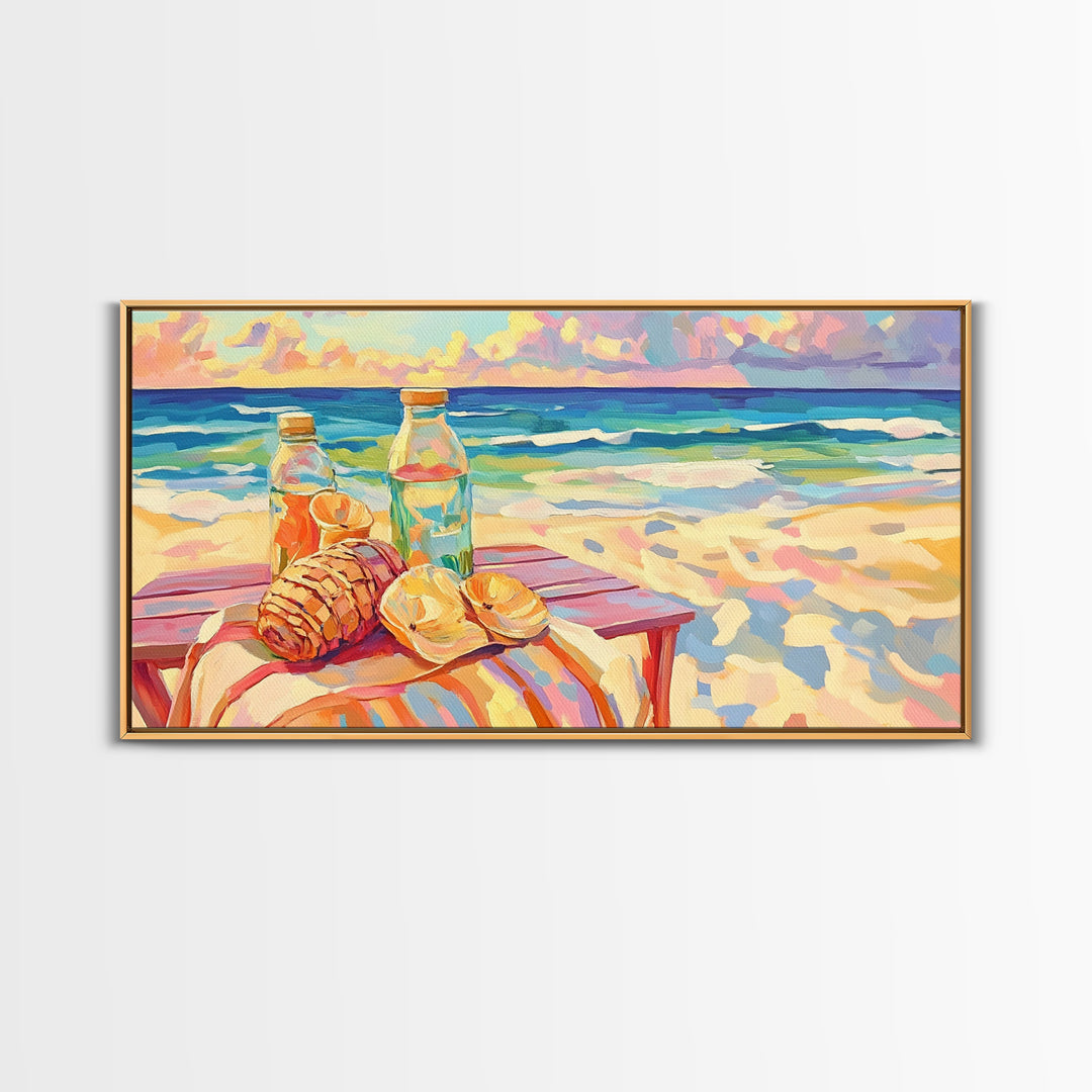 Beach Picnic With Croissants And Bottles Canvas Print, Coastal Wall Art, Ocean Seascape Art, Summer Kitchen Decor Gift For Her