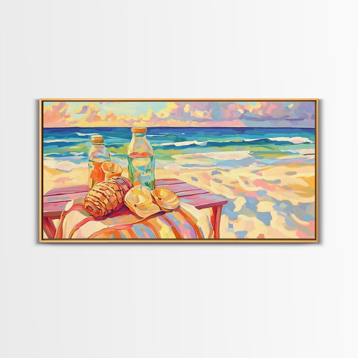 Beach Picnic With Croissants And Bottles Canvas Print, Coastal Wall Art, Ocean Seascape Art, Summer Kitchen Decor Gift For Her