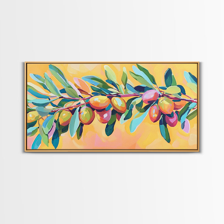 Olive Branch With Green Leaves And Golden Fruit Wall Art, Mediterranean Canvas Print, Botanical Kitchen Decor Gift For Her