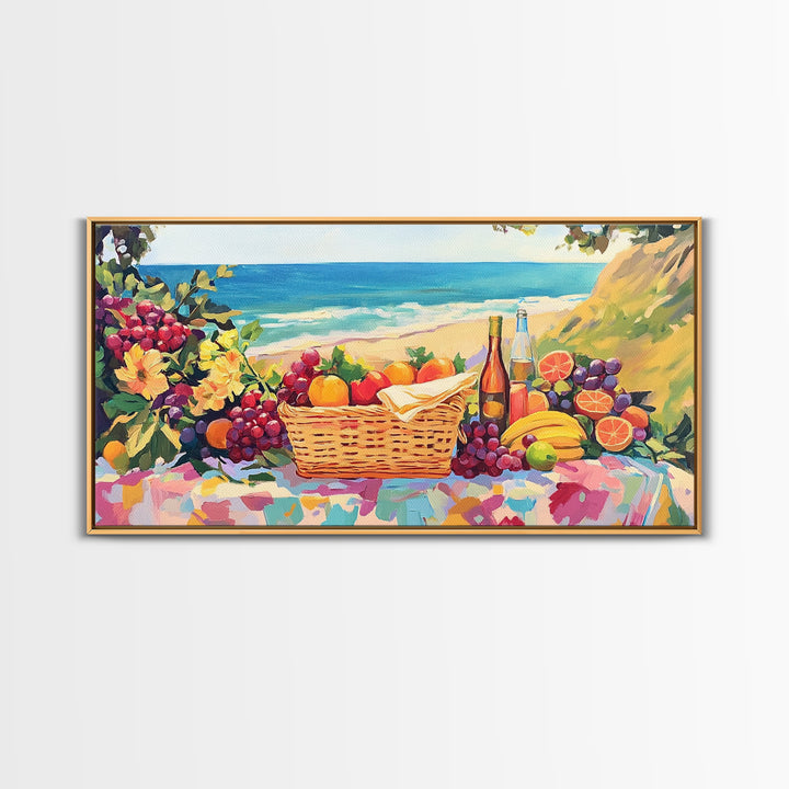 Seaside Picnic Basket Framed Canvas Print, Coastal Wall Art, Fruit And Wine Still Life, Beach House Kitchen Decor Gift For Her