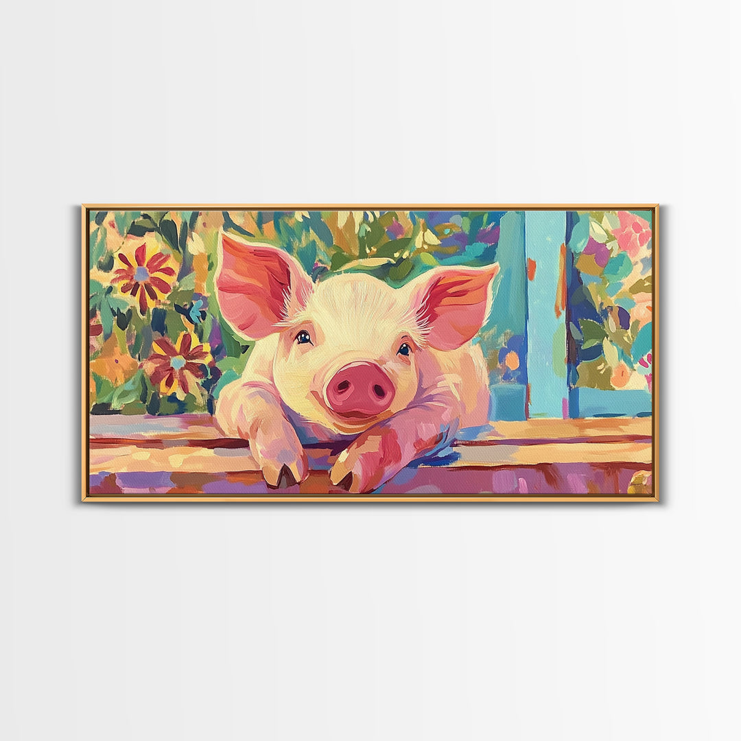 Piglet At Garden Fence Framed Canvas Print, Cute Farm Animal Wall Art, Floral Farmhouse Home And Nursery Decor, Gift For Her