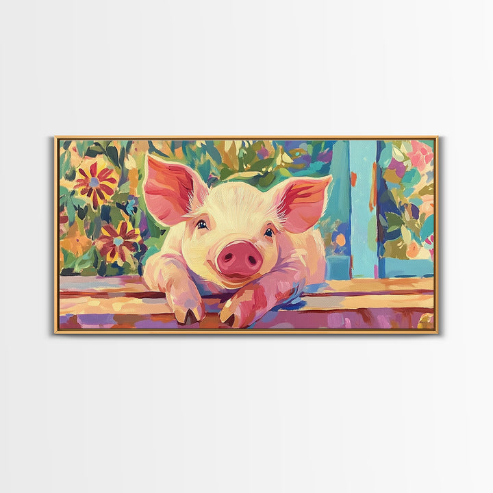 Piglet At Garden Fence Framed Canvas Print, Cute Farm Animal Wall Art, Floral Farmhouse Home And Nursery Decor, Gift For Her