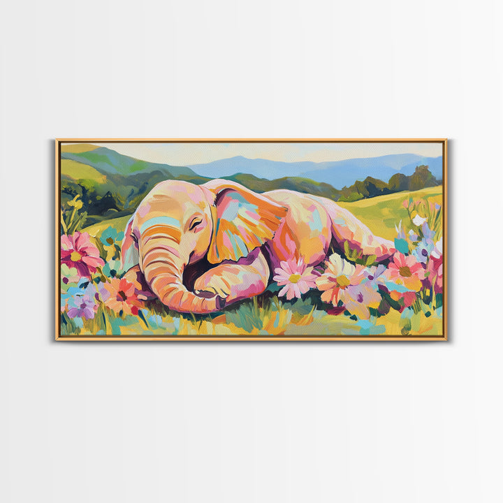 Sleeping Baby Elephant In Flower Meadow Framed Canvas Print, Safari Nursery Wall Art, Whimsical Animal Art, Kids Room Decor