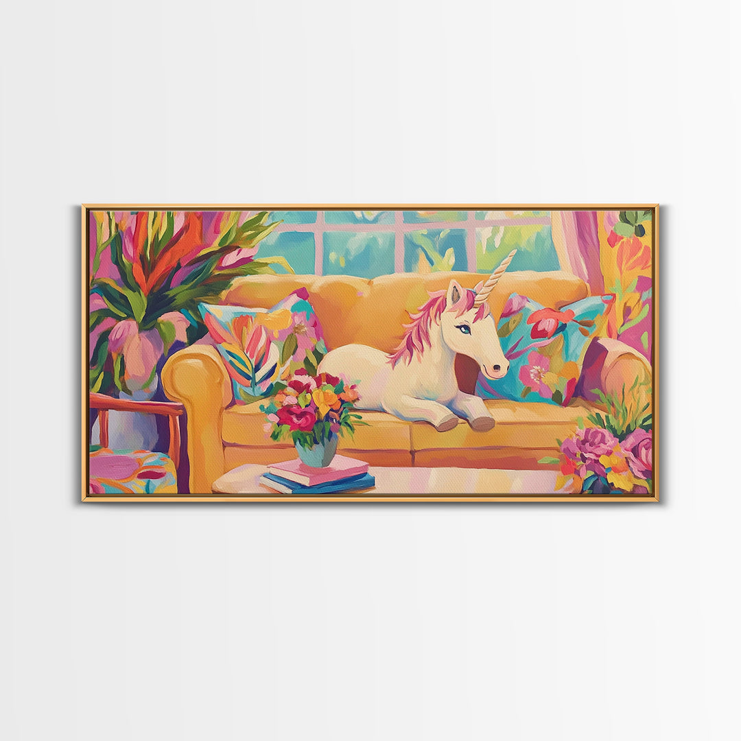 White Unicorn Lounging On Yellow Sofa Wall Art, Whimsical Nursery Art Print, Girls Room Decor, Fantasy Home Decor, Unique Gift