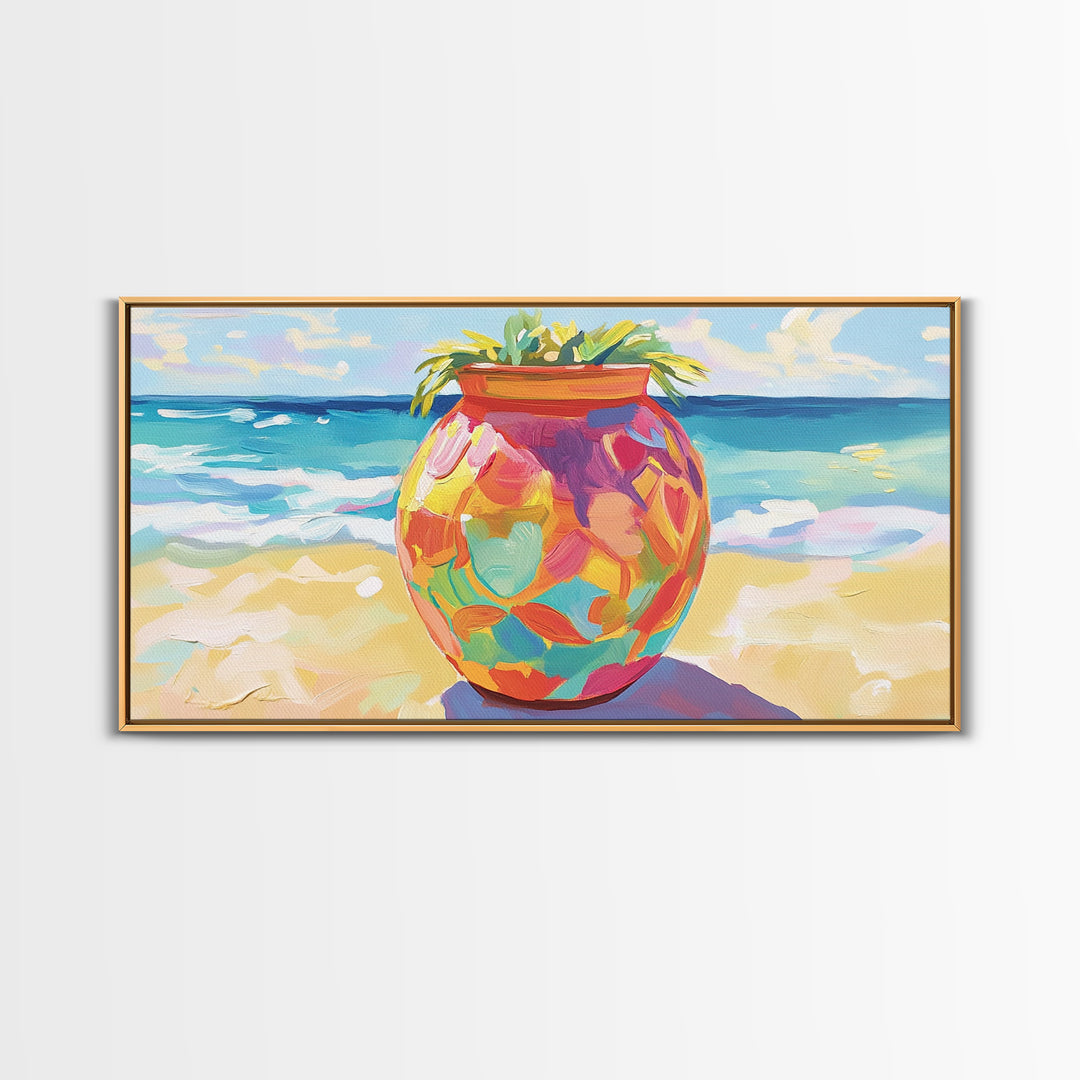 Painted Beach Planter With Ocean View Canvas Print, Coastal Wall Art, Tropical Beach House Decor, Colorful Summer Art Gift