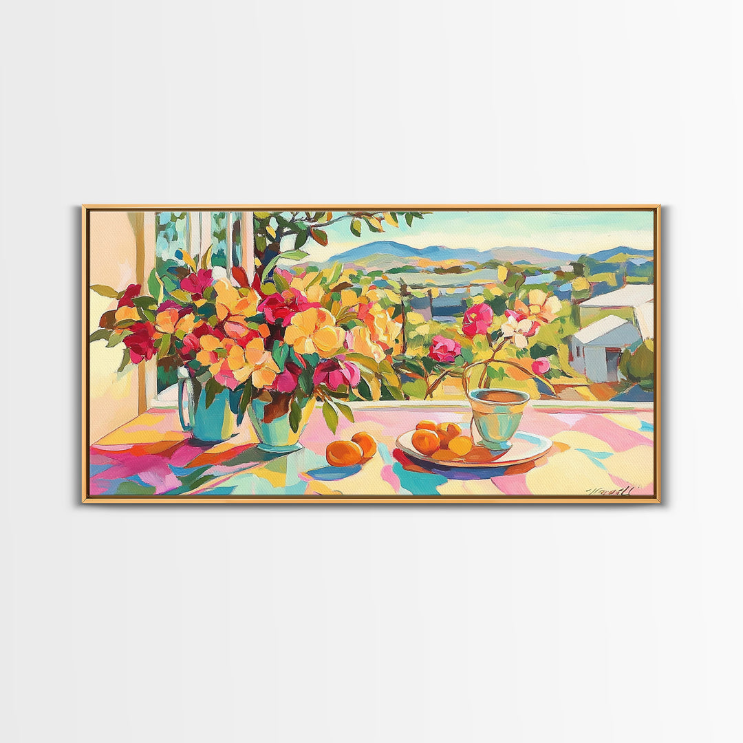 Sunny Terrace Flowers And Citrus Canvas Print, Mediterranean Wall Art, Italian Countryside Decor, Colorful Dining Room Print