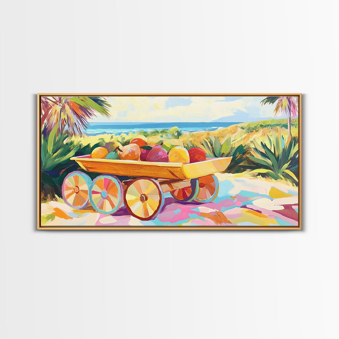 Tropical Fruit Cart By The Sea Canvas Print, Coastal Wall Art, Tropical Beach House Decor, Colorful Summer Kitchen Art Gift